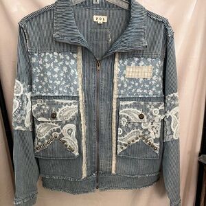 POL Women's Pinstriped Jean Jacket with Lace Details